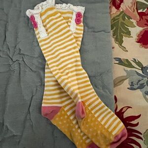 Yellow and Pink Striped Socks with Lace Trim